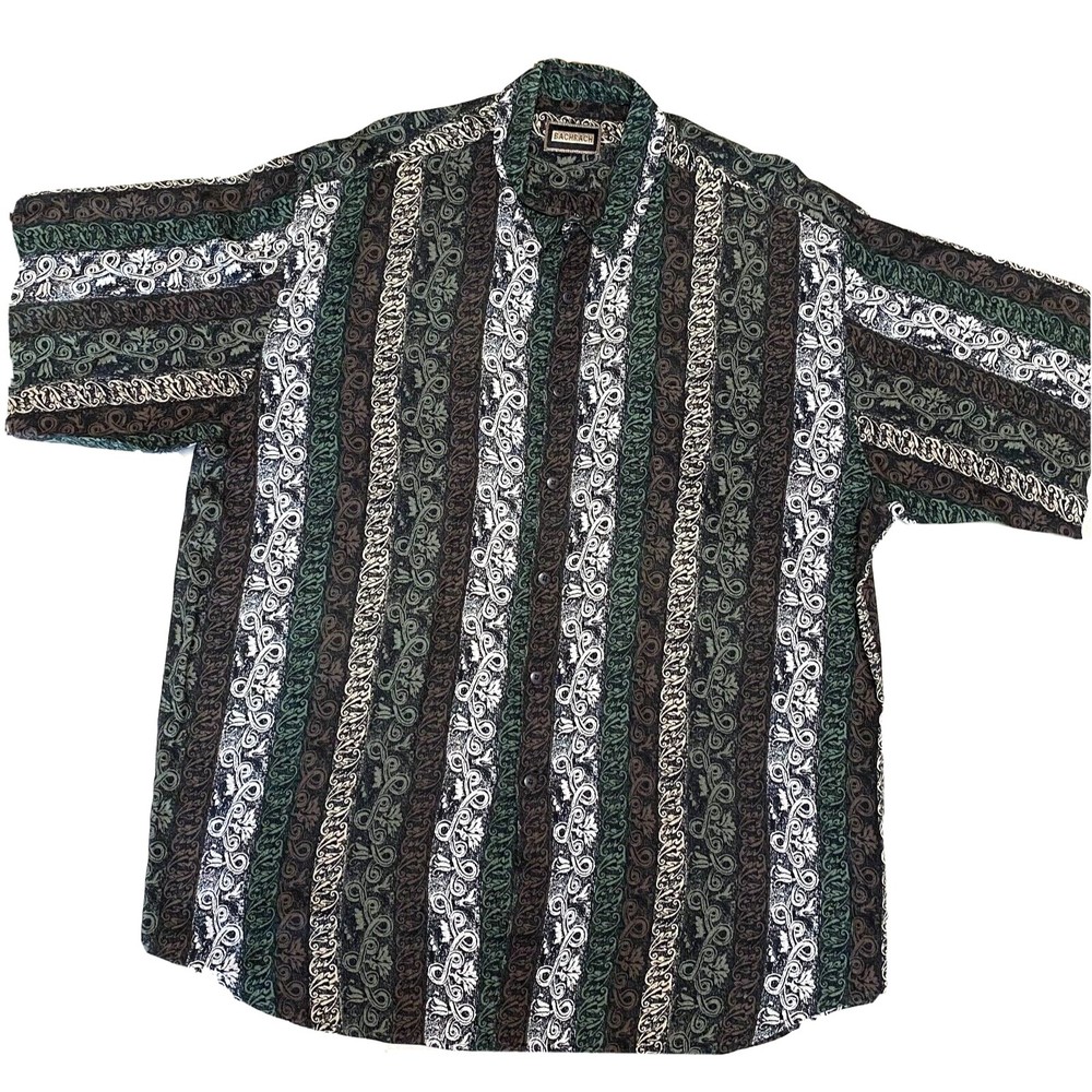 Bachrach Short Sleeve Green Brown Striped Tribal Design Hawaiian Shirt XL